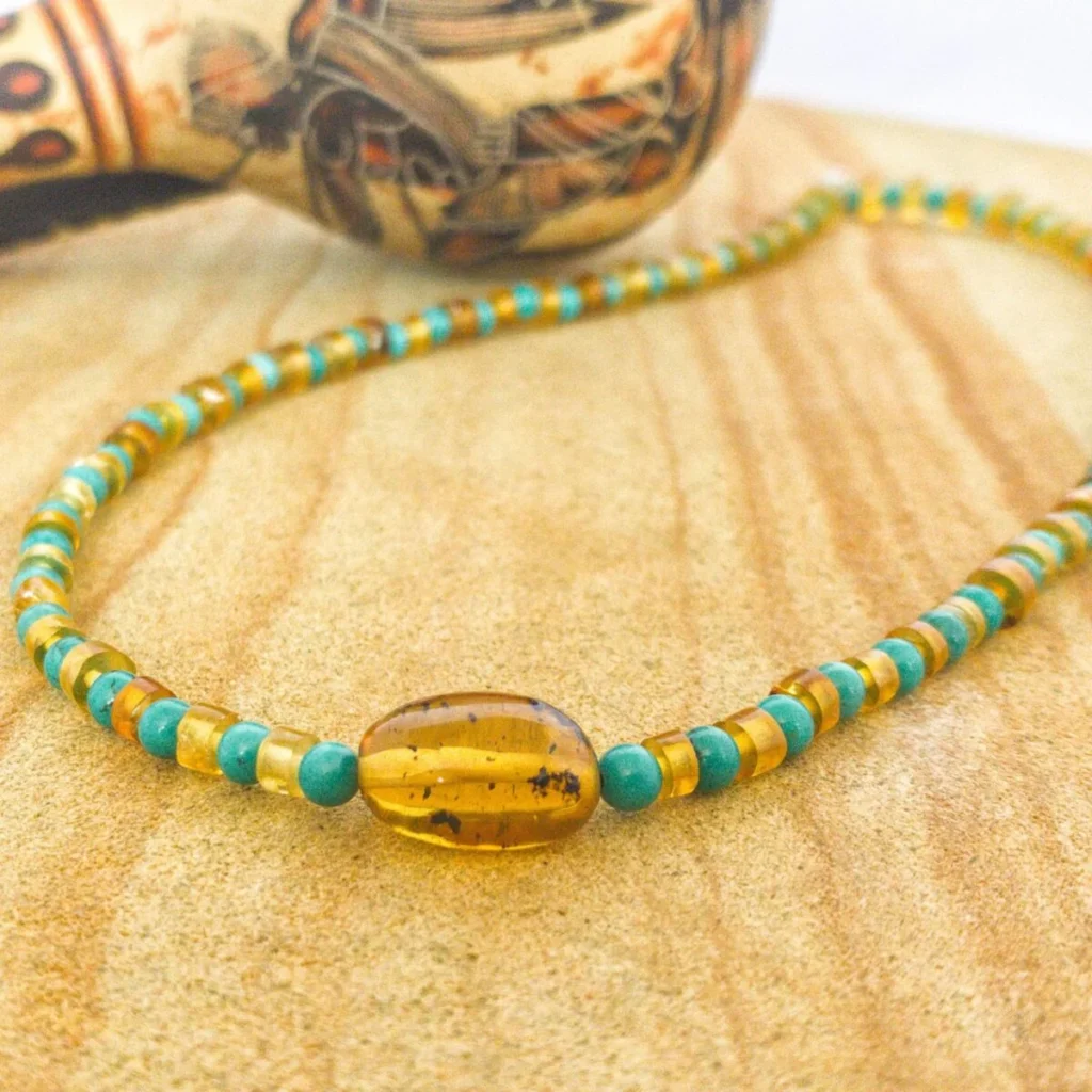 Collar Ámbar Turquesa y Cilindro de Ámbar
