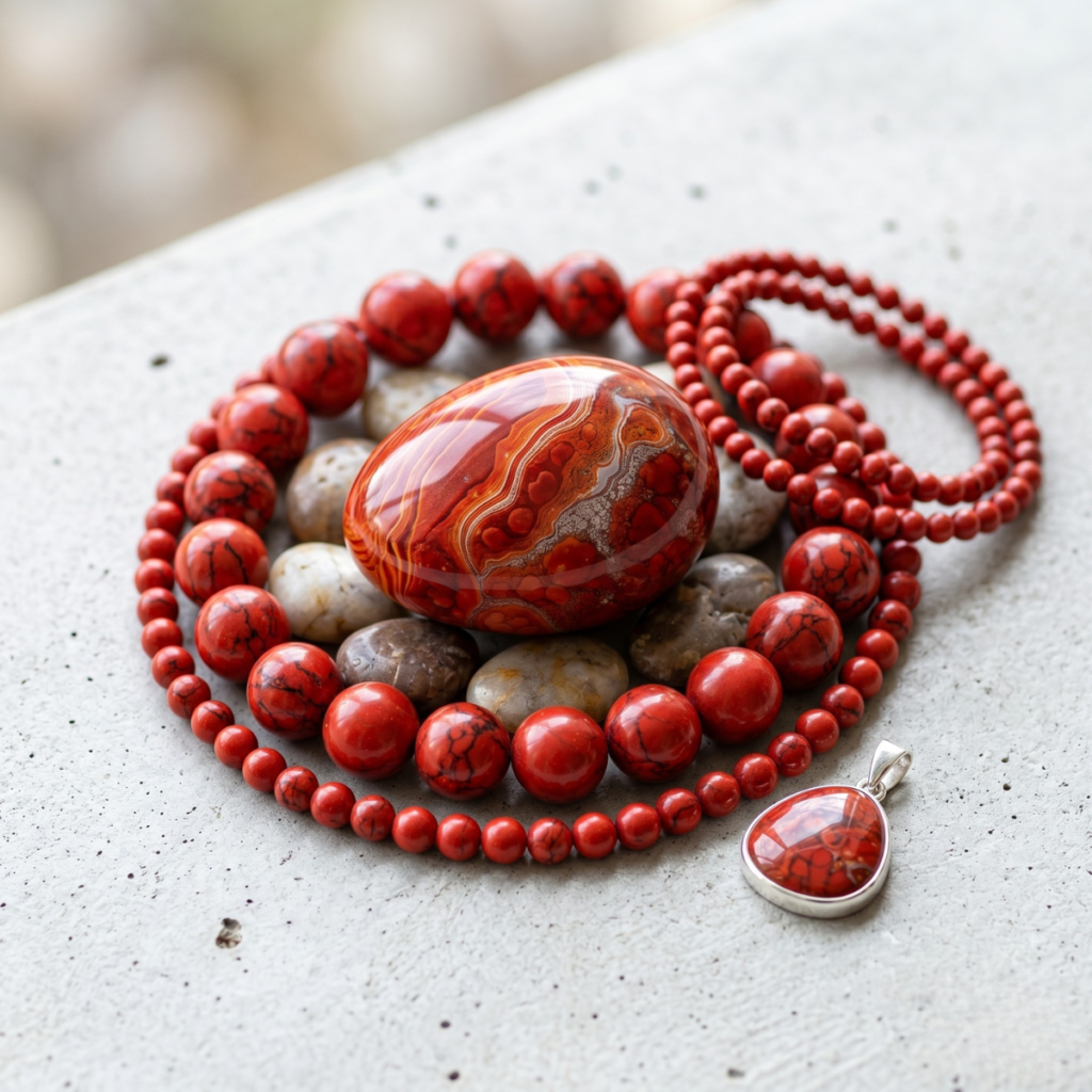 Joyería con piedras rojas pulidas tipo jaspe y ágata: cuentas circulares, pulsera de abalorios, colgante en plata y gema oval con vetas rojas y grises