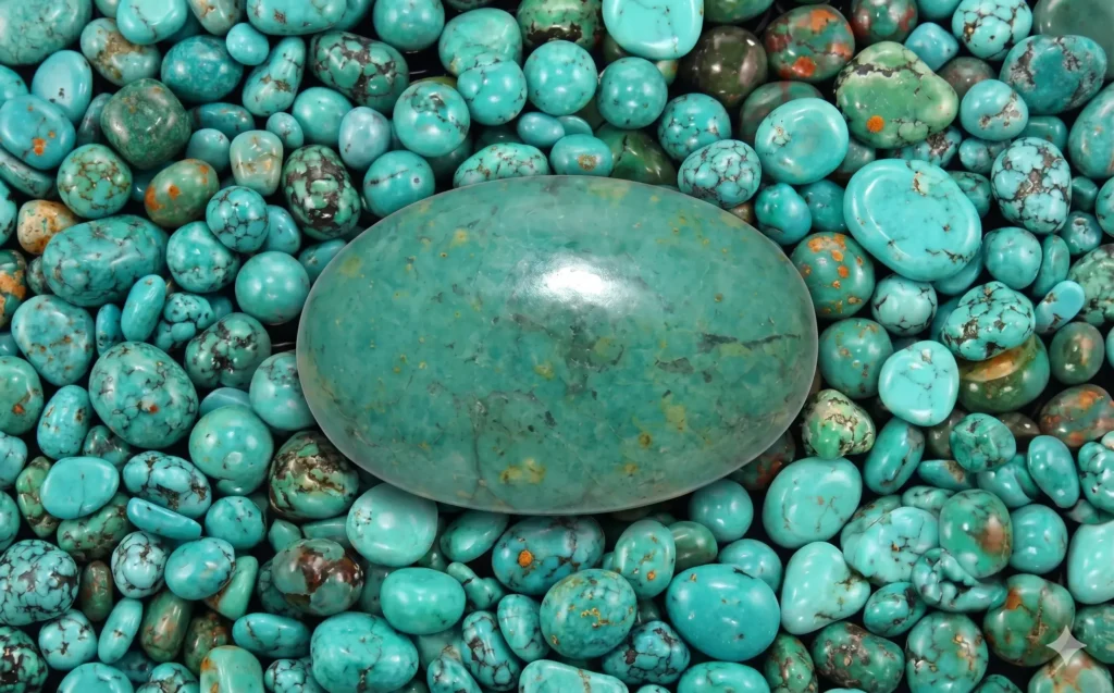 Turquesas pulidas en tonos azul verdoso con vetas naturales marrones y negras, piedras semipreciosas para joyería