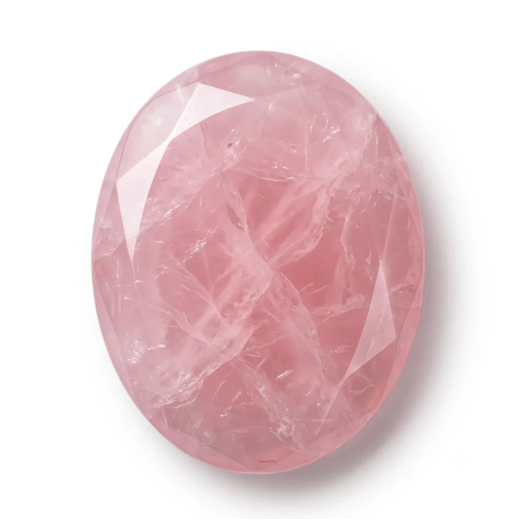 Un único cuarzo rosa de forma ovalada, con un acabado facetado que resalta su tono rosado suave y las sutiles inclusiones internas características del mineral