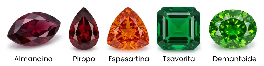 Colección de cinco piedras preciosas de granate talladas en diversas formas y colores sobre fondo blanco, etiquetadas de izquierda a derecha como: Almandino (forma marquesa), Piropo (forma de lágrima), Espesartina (forma triangular), Tsavorita (forma cuadrada) y Demantoide (forma ovalada)