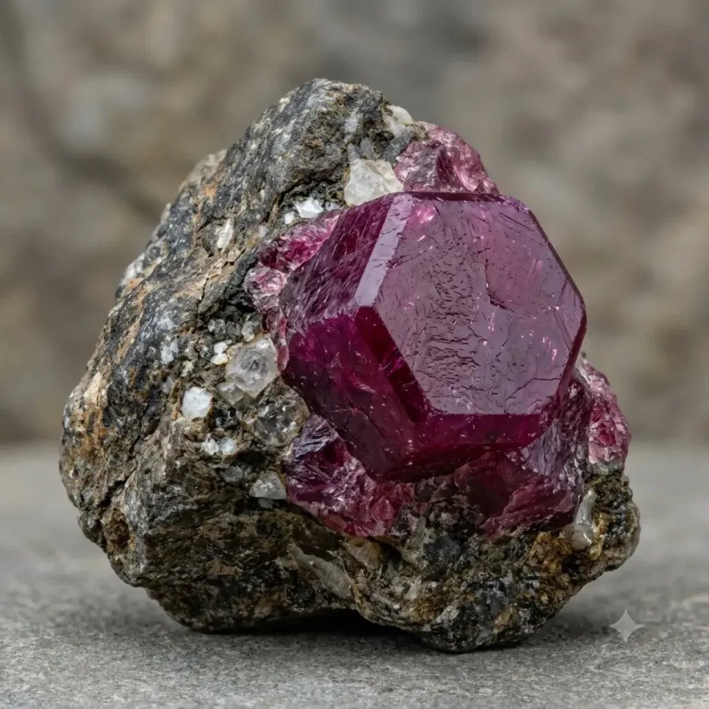 Un espécimen de cristal natural de rubí de color rojo violáceo intenso, que muestra su forma hexagonal característica, incrustado en una matriz de roca granítica gris y cristales blancos más pequeños.