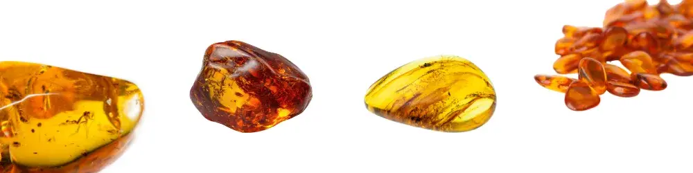 Vista panorámica de cuatro piezas de ámbar báltico pulido sobre fondo blanco. De izquierda a derecha: un fragmento grande amarillo miel con una inclusión vegetal visible, un canto rodado pequeño de color coñac oscuro