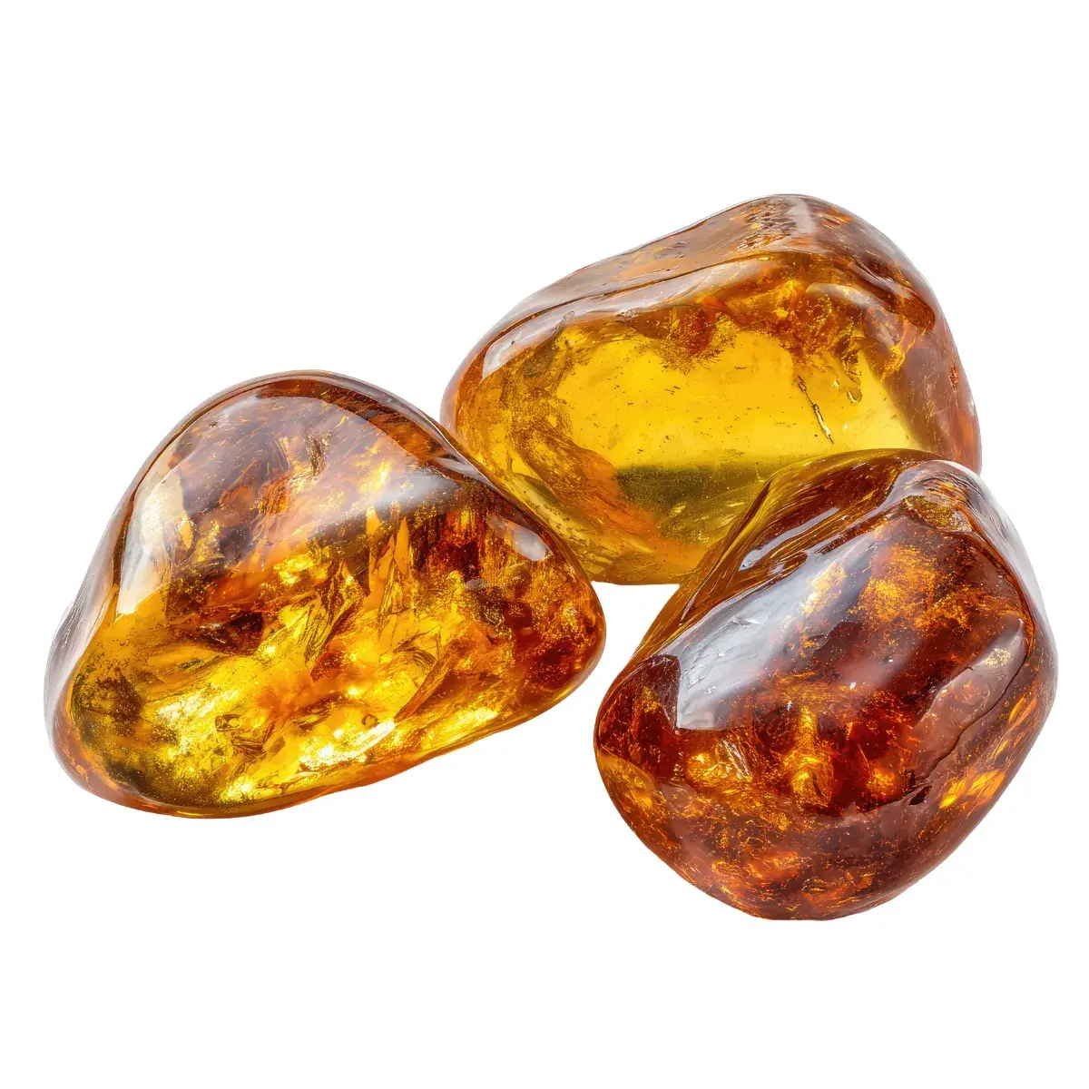 conjunto de tres cantos rodados de ámbar báltico pulido, de color amarillo dorado intenso a coñac, con inclusiones internas brillantes, aislados sobre un fondo blanco puro.