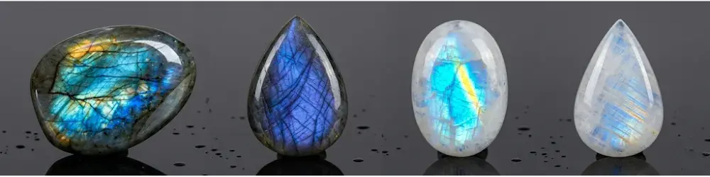 Labradorita y piedra luna pulidas con labradorescencia y adularescencia en tonos azul dorado